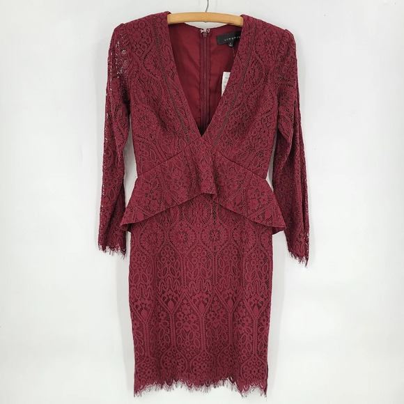 Adelyn Rae Deep Vneck Peplum Lace Long Sleeve Dress - Picture 2 of 14